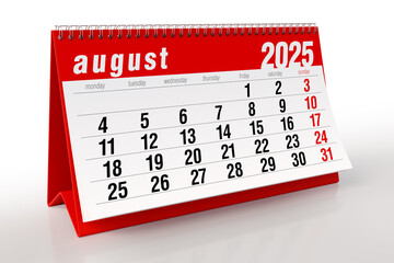 August 2025 Calendar. Isolated on White Background. 3d Rendering