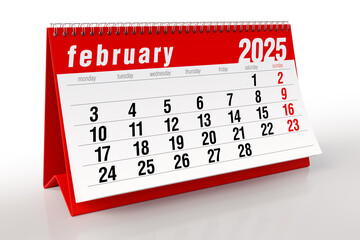 February 2025 Calendar. Isolated on White Background. 3d Rendering