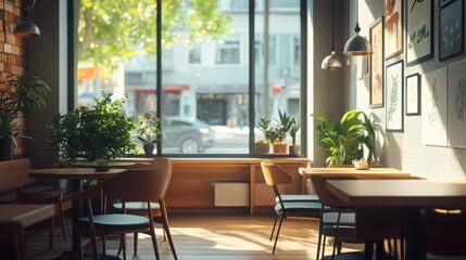 Obraz premium A coffee shop interior with large windows that allow plenty of natural light, creating a bright and airy atmosphere perfect for social gatherings.