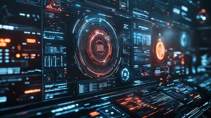 Fototapeta premium Futuristic control panel with glowing blue and red lights and digital displays