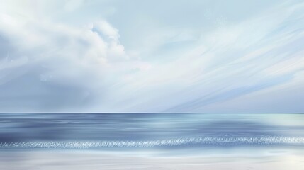 Fototapeta premium Abstract Blue Blurred Background with Light Sky Blue Color Gradient, Soft Clouds, and Calm Sea Water Texture. Bright Summer Day, Clear Sky, and Minimalistic Vector Illustration in a Realistic Photo St