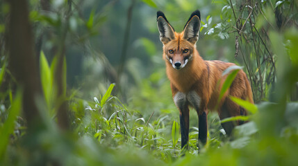 A maned wolf prowling the Brazilian wilderness.