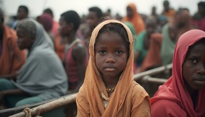 A Sudanese migrant refugee girl child in a boat with a crowd of people