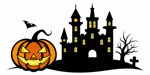 Halloween silhouette pumpkin, castle, etc. vector illustration silhouette on white background 