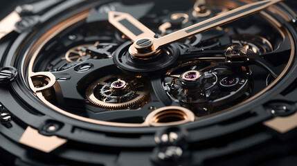 Artistic close-up of a watch's intricate internal components, showcasing exposed gears, springs, and movement, emphasizing the fine precision engineering and craftsmanship in horology.
