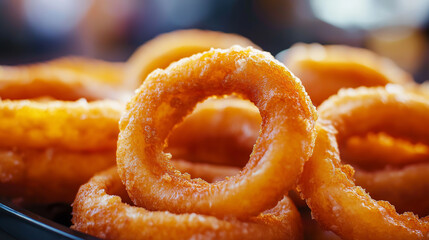 fresh delicious onion rings in restaurant