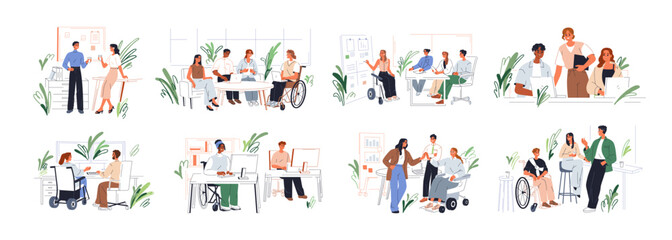 Inclusive office, work environment. Employee, person with disability in business team. Worker in wheelchair at workplace. Inclusion concept. Flat vector illustration isolated on white background