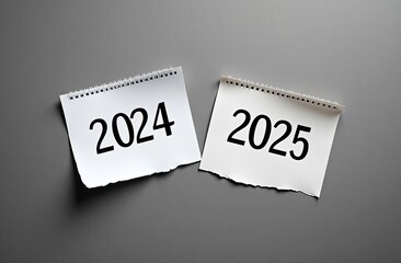Loose-leaf calendar sheets on a gray board. The change from 2024 to 2025. Looking forward to the new year 2025