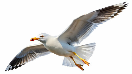 Obraz premium Flying seagull isolated on white background, seagull, bird, flying, wings, wildlife, spread, feathers, freedom, animal, nature