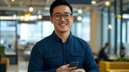 Smiling Man with Glasses Holding Phone in Office Setting