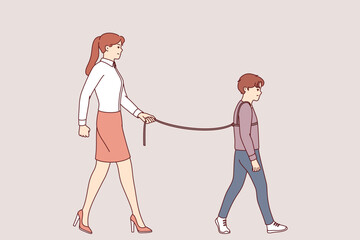 Problem of hyperprotection and lack of freedom for child, due to mother tying son during walk. Boy suffers from hyperprotection caused by psychological disorder of mother, who is afraid to let go