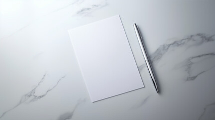 Blank letterhead mockup with silver pen on marble surface

