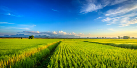 Beautiful rice field stretching to the horizon under a clear blue sky, agriculture, landscape, nature, green, tranquil, scenic