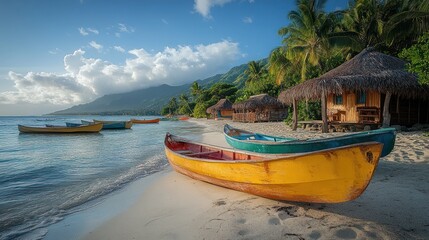 Obraz premium Colorful boats on a serene beach with tropical scenery.