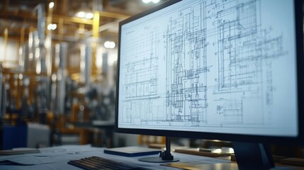 A close-up, high-definition view of a CAD drawing of a construction blueprint, with intricate details of structural beams and electrical layouts displayed on a large computer screen, bathed in