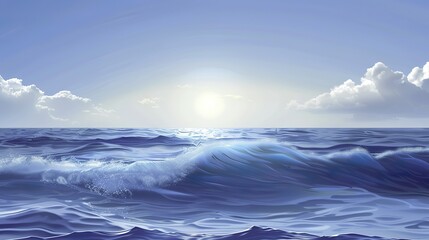 Naklejka premium Abstract Blue Blurred Background with Light Sky Blue Color Gradient, Soft Clouds, and Calm Sea Water Texture. Bright Summer Day, Clear Sky, and Minimalistic Vector Illustration in a Realistic Photo St