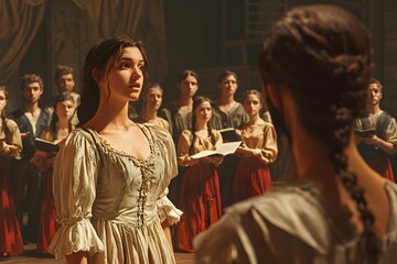Fototapeta premium Young woman performs in an ensemble during a dramatic rehearsal