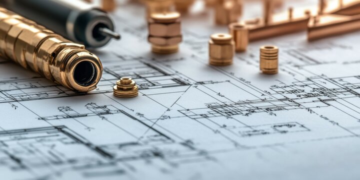 A close-up photo of a CAD-generated technical drawing for a residential home, showcasing detailed schematics of plumbing and electrical systems, set against the backdrop of architectural tools like