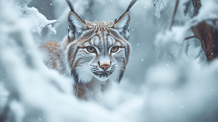 Fototapeta premium A lynx peering through the snow-covered forest.