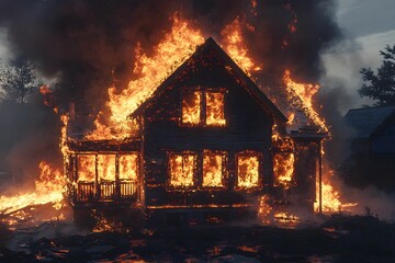 House engulfed in flames during an intense fire at dusk