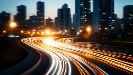 Obraz premium A captivating urban landscape comes alive at dusk as traffic flows along winding roads, illuminated by streaks of bright lights amidst towering skyscrapers illuminating the night sky.