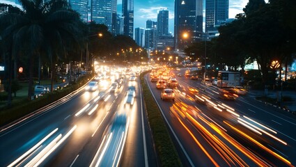 A Stunning Cityscape at Dusk, Showcasing the Lively Traffic as Brightly Lit Cars Zip Through the Streets Beneath the Gleaming Skyline of Tall Buildings and Urban Life