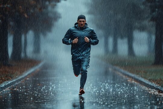 Running in the rain: a man jogs through a misty park at dusk
