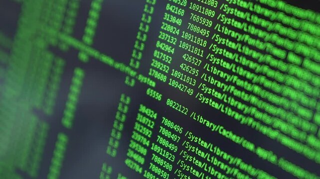 Futuristic Digital Green Letters Falling Down Background on screen of laptop