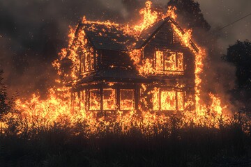House engulfed in flames during a wildfire at dusk in the countryside