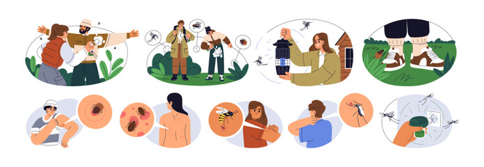 Insect bite prevention and allergy symptoms set. Protect from mosquitoes, mites, wasps and gnats. Rash, itch, redness from bloodsuckers. Flat graphic vector illustration isolated on white background