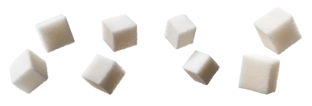 A collection of sugar cubes on a white background, ideal for culinary and beverage related themes and recipes.