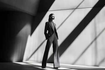 Minimalist Black and White Fashion Portrait of a Woman in Tailored Suit
