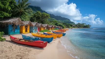 Colorful kayaks lined on a sandy beach near vibrant huts.
