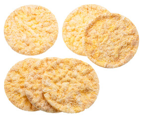 Puffed corn cakes or rice cakes on white. Alternative snack for bread product.Top view. File contains clipping paths.