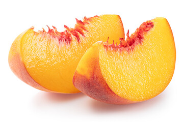 Ripe peach slices on white background. File contains clipping path.