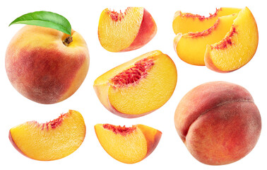 Set of ripe peaches and peach slices on white background. File contains clipping paths.