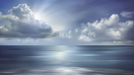 Obraz premium Abstract Blue Blurred Background with Light Sky Blue Color Gradient, Soft Clouds, and Calm Sea Water Texture. Bright Summer Day, Clear Sky, and Minimalistic Vector Illustration in a Realistic Photo St