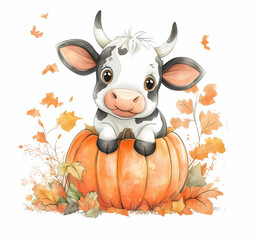 Obraz premium А cute cartoon cow in a pumpkin 
