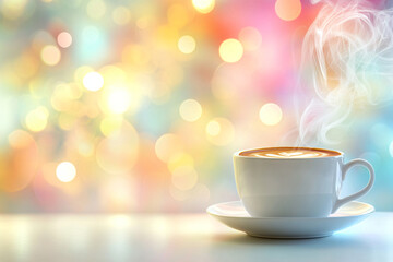 Obraz premium White cap of cappuccino with milk foam and steaming smoke on blurred background. Black hot coffee mug on backdorp with golden lights, glittering sparkles and bokeh. Warm light atmosphere. Copy space