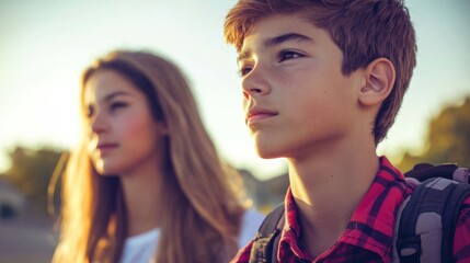 Fototapeta premium A boy and girl standing next to each other with a tree in the background, AI