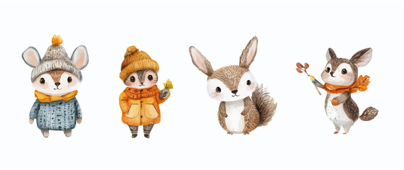 Little forest animals set, vector set,  watercolor. Colorful and cute clip art illustrations, perfect for greeting cards, invitations, banners, posters, textile, covers.