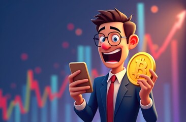 excited businessman checking bitcoin growth on his phone, graphics in background, funny illustration