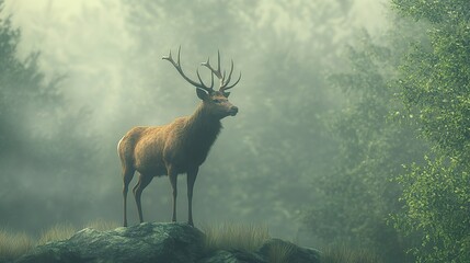 A majestic deer stands tall against a misty forest backdrop.