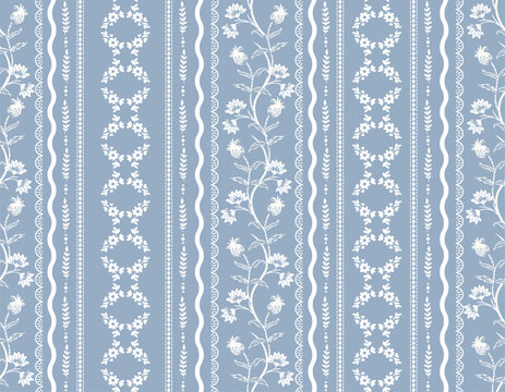 Trendy stylish Vertical Striped  floral pattern with paisley and indian flower motifs. damask modern style pattern