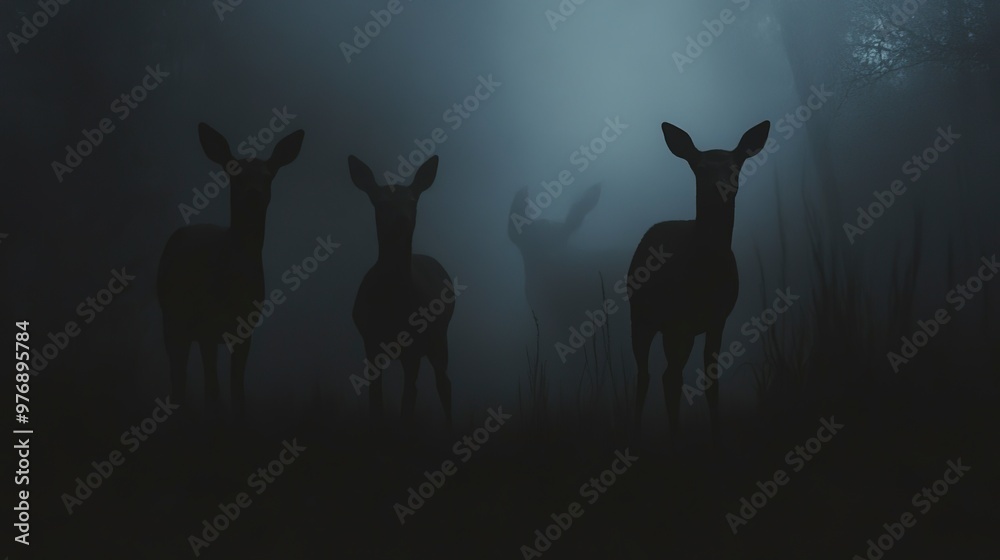 Canvas Prints Silhouetted deer in a mysterious, dark landscape evoke a sense of intrigue and nature's beauty captured in minimalist art.