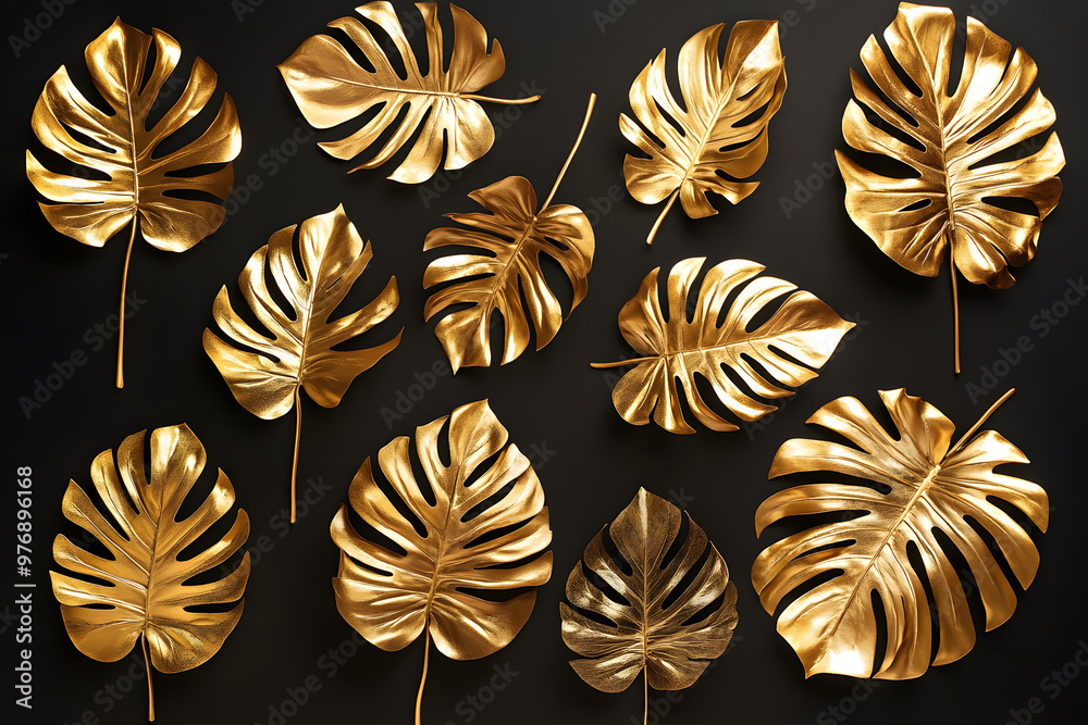 Sticker Collection of golden tropical monstera leaves against a black background