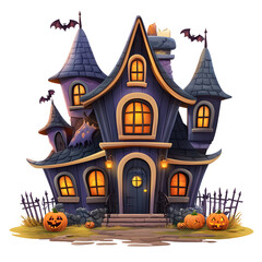 Whimsical Haunted House with Pumpkins and Bats in Cartoon Halloween Style