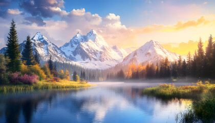 Fototapeta premium Nature Bliss: A serene mountain landscape with a lake reflecting the snowy peaks at sunrise