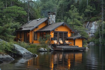 Fototapeta premium Tranquil lakeside cabin surrounded by forested wilderness, cozy retreat in nature by the water, Ai Generation
