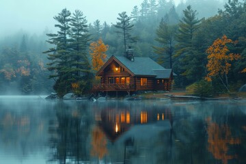 Obraz premium Tranquil lakeside cabin surrounded by forested wilderness, cozy retreat in nature by the water, Ai Generation